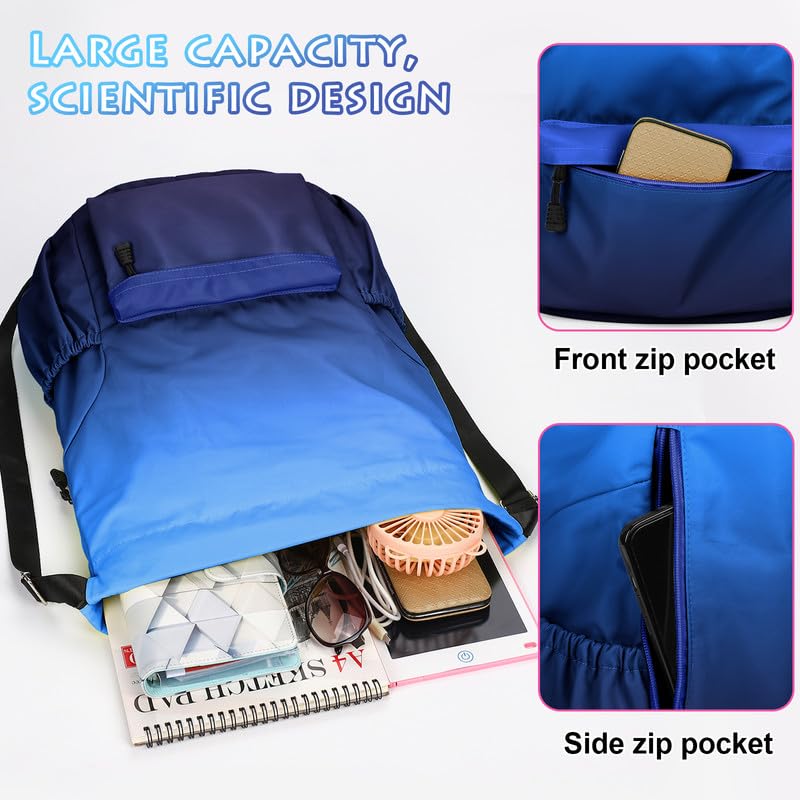 Tesmien Drawstring Bags,Waterproof Swimming Bags Unisex Sports Backpacks for Kids Adult, Large Drawstring Sackpacks Bags for School Gym Sports Travel Swimming-Gradual Blue - Image 2