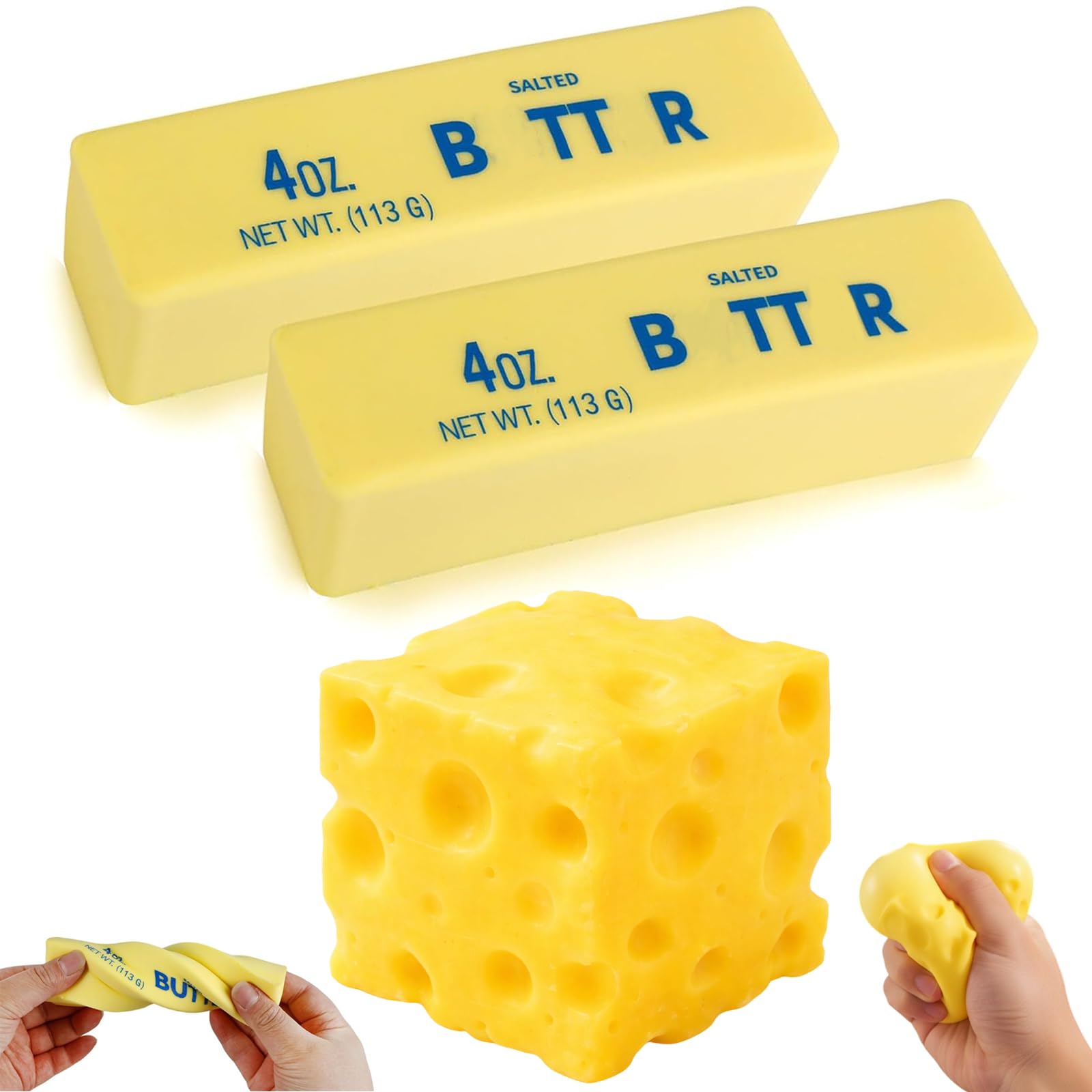 Butter Squishy, 3 PCS Sensory Fidget Toys with 2 Squishies Butter and 1 Cheese Squishy, Soft Squeeze Toys for Adults Rebounding Help for Stress Relief and Focus, Fidget Toys Adults for Office School