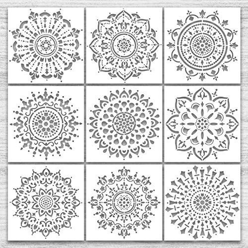 9 plantillas grandes de mandala, reutilizables para pintura de puntos, corte láser,...