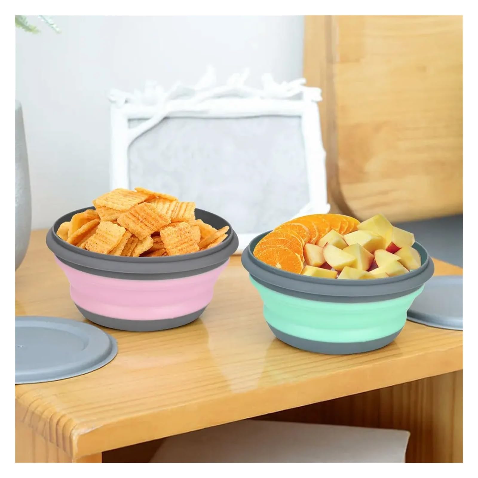 Fiambrera De Silicona 3 Cuencos Plegables de Silicona con Tapa, lonchera Plegable, Juego de ensaladeras portátiles(Pink)