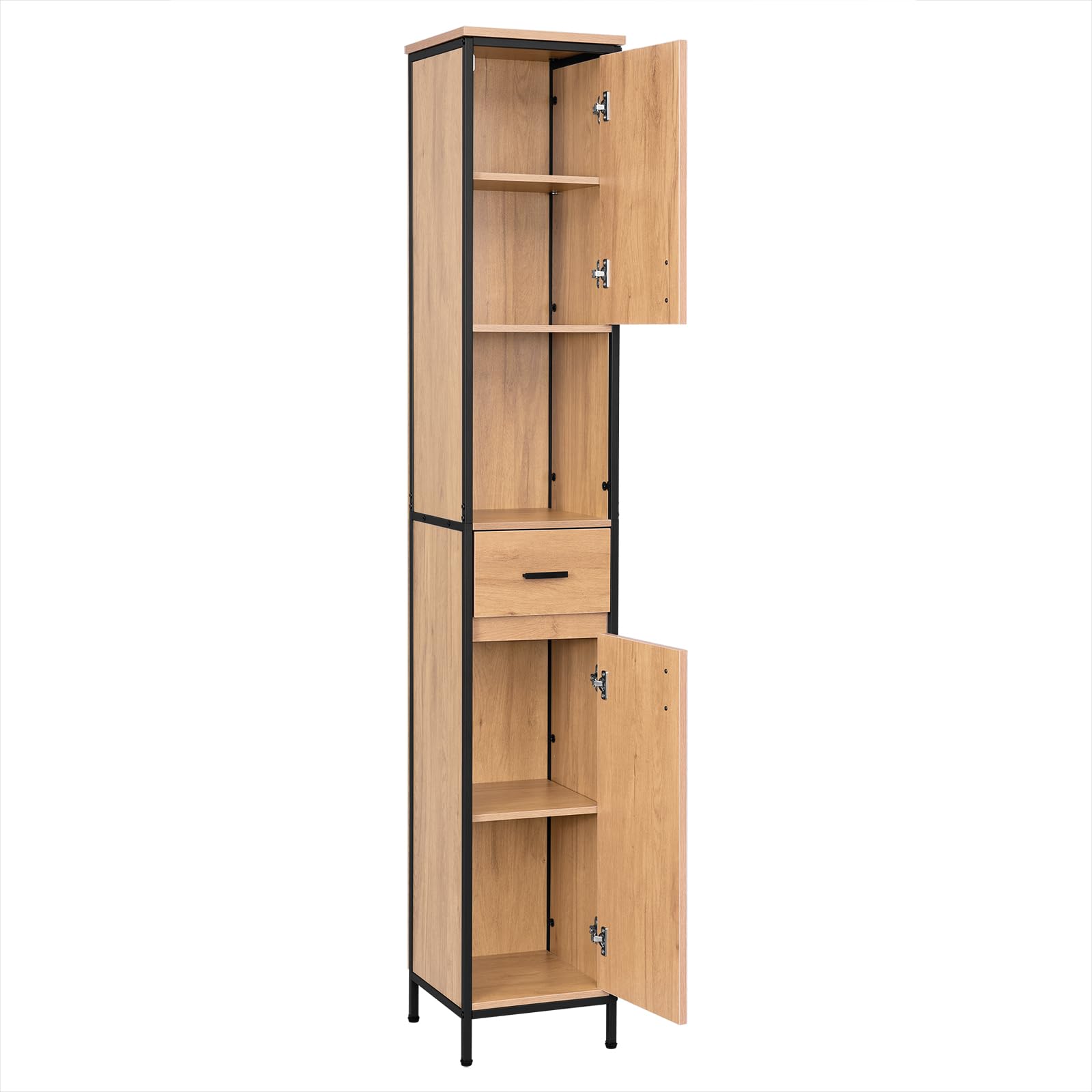 EUGAD Colonne Salle de Bain, Meuble Salle de Bain Rangement, avec 1 Tiroir, 2 Placards à Porte, 1 Casier Ouvert, Étagères Réglables, 30x30x180cm, Chêne Clair+Noir