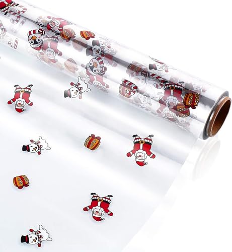 Rollo de celofán transparente con patrón de Papá Noel, papel de regalo de celofán de 2.5 mil de grosor para Navidad, cestas, flores, alimentos,