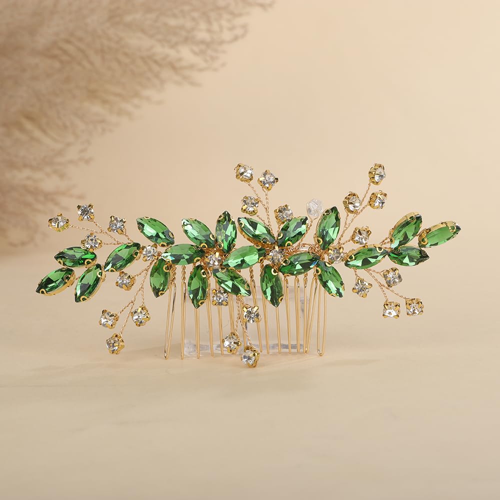 Teyglen Flower Crystal Wedding Hair Comb Green Rhinestone Hair Piece for Bride Wedding Hair Accessories Headpiece for Women Party Prom (Green)