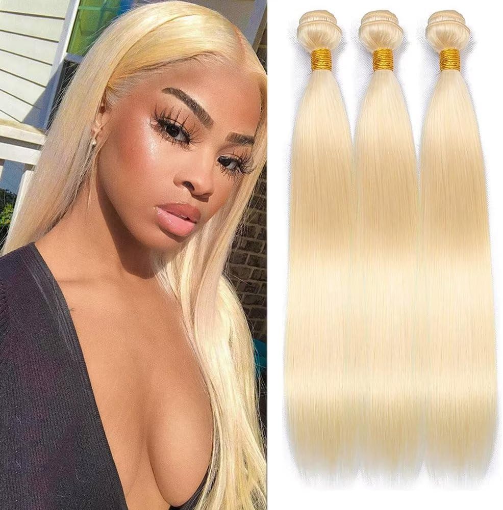 Ladiaryf Ladiary Human Hair Bundle 613# Blonde Straight Human Hair 3 Bundles 12 14 16 Inch Straight Hair Weave 100 Percent Virgin Human Hair Extensions Straight Hair Weave 613# Blonde Color