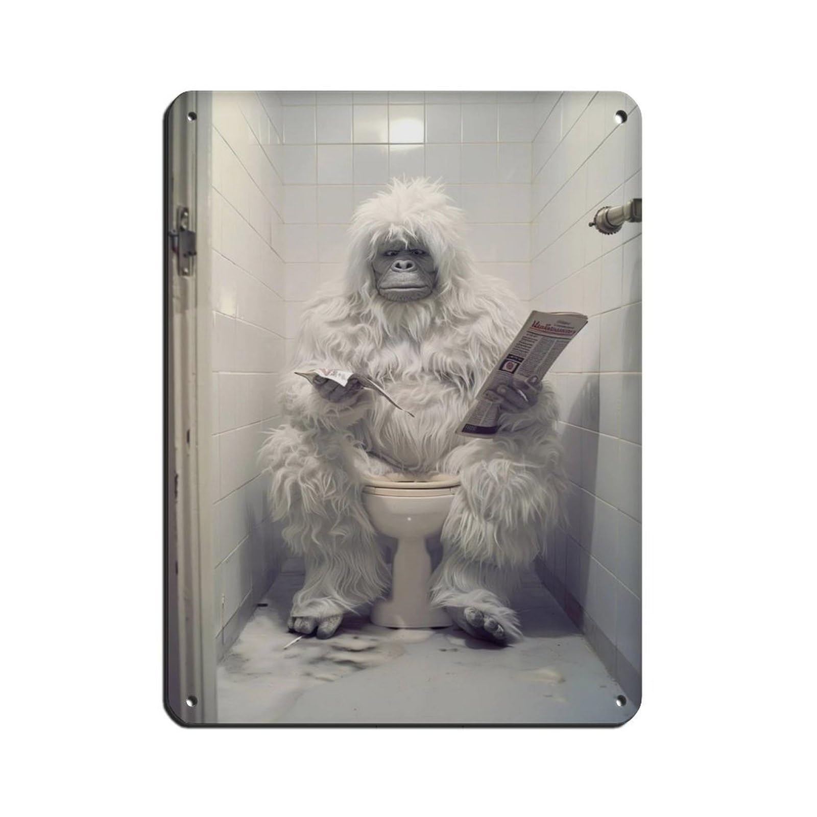 Yeti Sitting on The Toilet Reading A Newspaper (2) Retro Poster Metal Tin Sign Chic Art Retro Iron Painting Bar People Cave Cafe Family Garage Poster Wall Decoration 12x16inch(30x40cm)