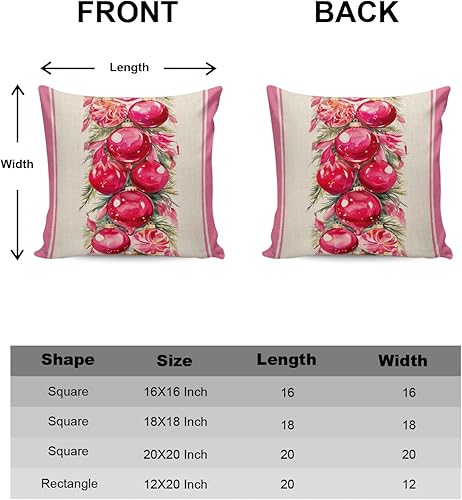 Miniatura 6 de Paquete de 2 fundas de almohada de algodón, diseño de bolas rosas de Feliz Navidad, cuadradas, suaves, decorativas, para sala de estar, dormitorio,