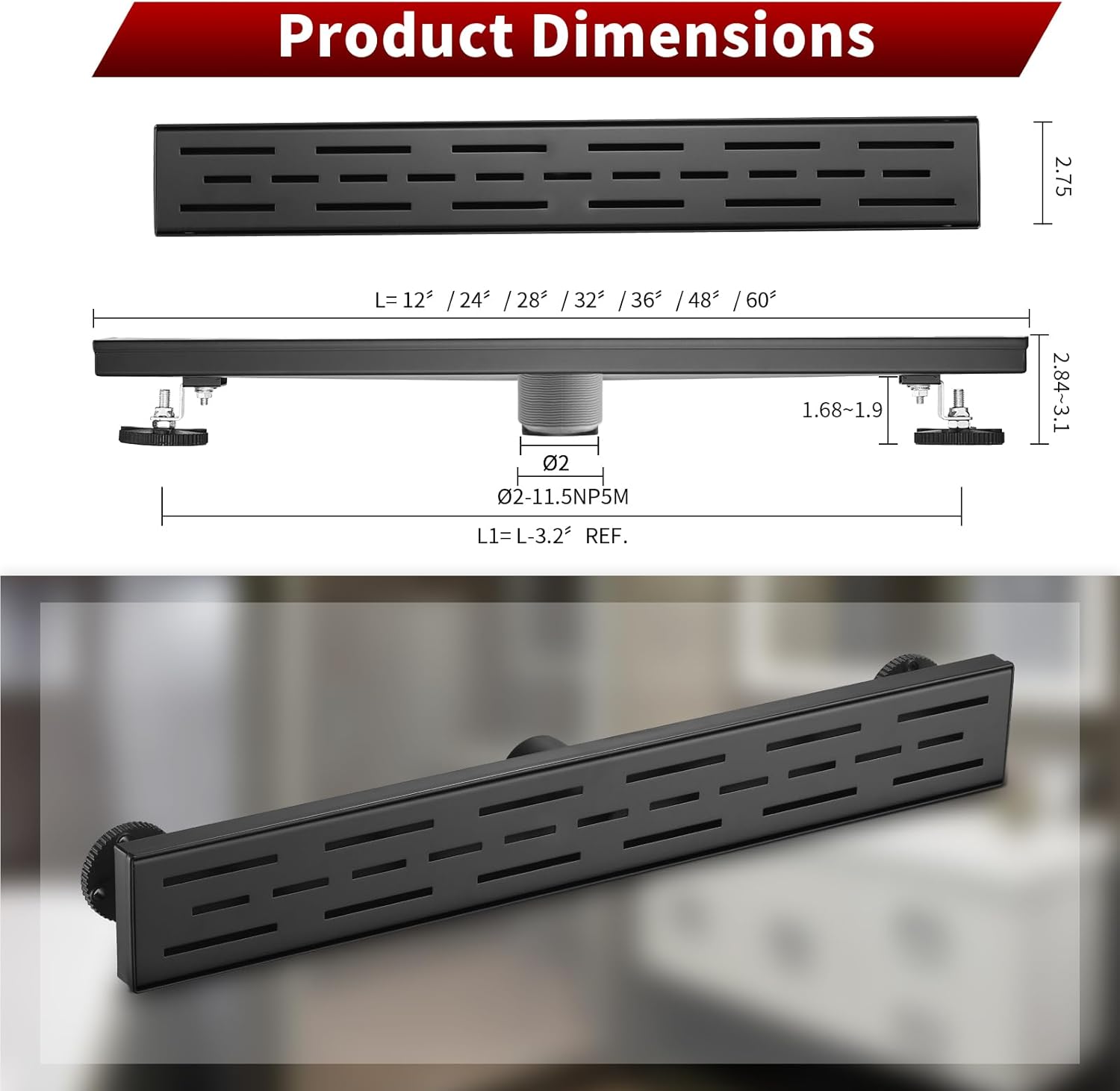 Sharp-tec Linear Shower Drain, 24 inch Shower Drain with Removable Pattern Cover, Matte Black 304 Stainless Steel Rectangle Floor Drain, Adjustable Feet and Hair Strainer Included (Model 101)
