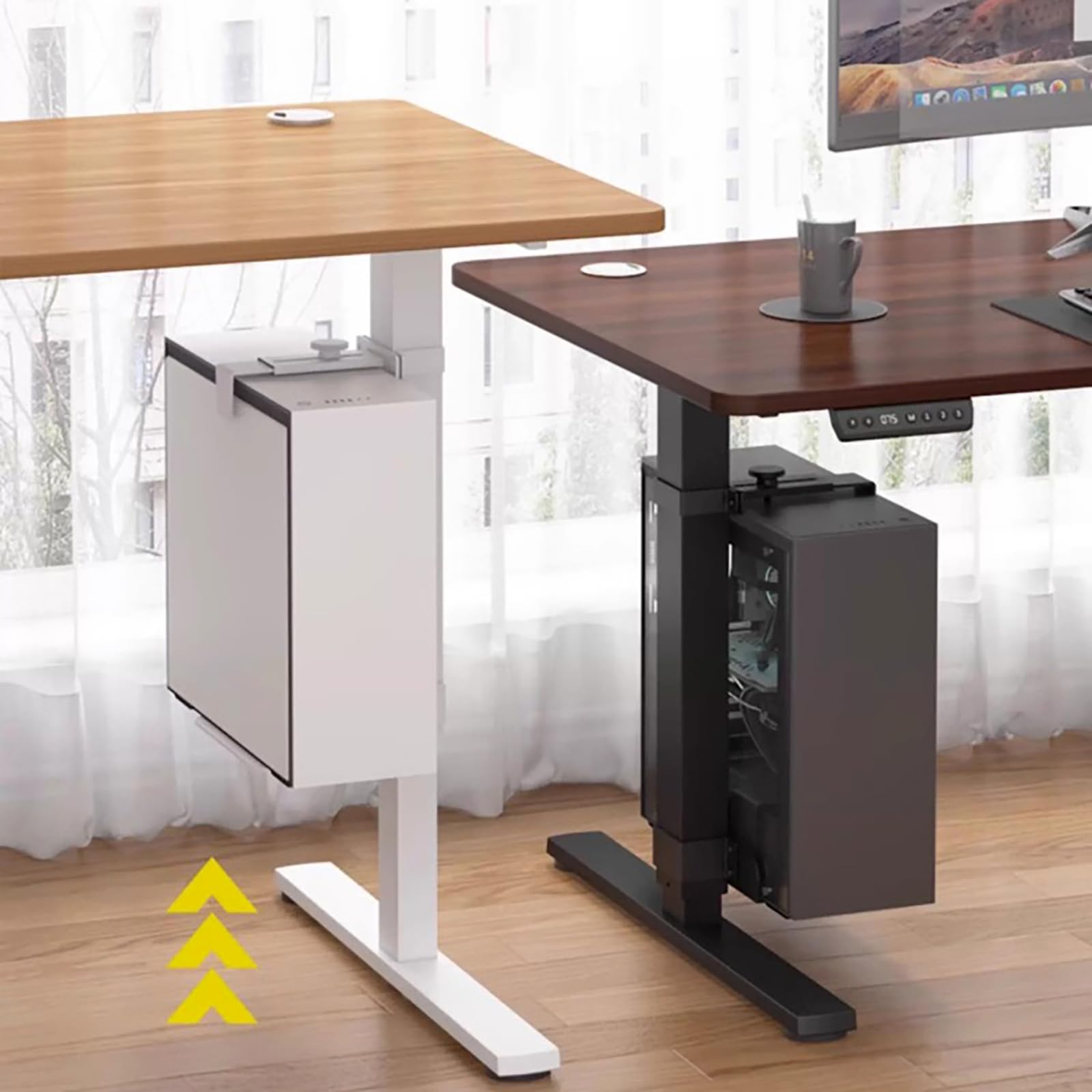 Soporte PC Bajo Escritorio, Instalación sin Taladros, Resistente hasta 18 kg, Ajustable en Altura y Anchura, Soporte Torre PC Bajo Mesa para Escritorios de Pie (Patas de Mesa de 65 x 45 mm) Blanco