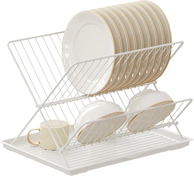 Folding Dish Drying Rack, Foldable Dish Drying Rack 2-Tier Counter Top Drainer for Kitchen Counter - Folding Cupboard, Kitchen Folding Dish Dryer Rack for Dish Storage, Removable Tray