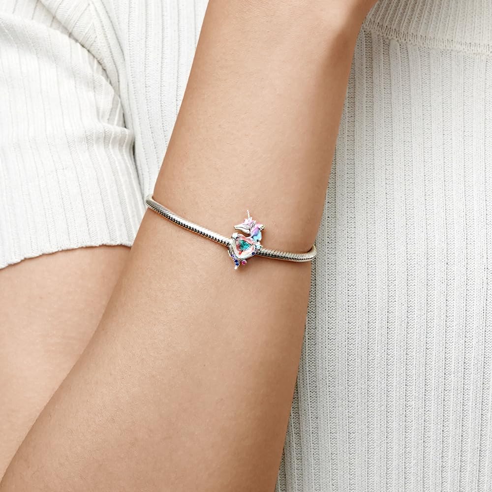 GNOCE Unicorn Embraces Heart Charms 925 Sterling Silver Charm for Bracelet Jewelry Gift For Women Wife Fit Snake Chain Bracelets