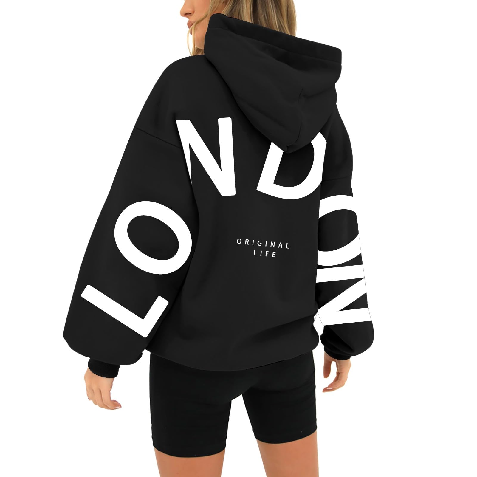 GenericHUIFUAO London Hoodies for Women UK Oversized Sweatshirts for Women Letter Print Pullover Hoodie Women With Pocket and Drawstring