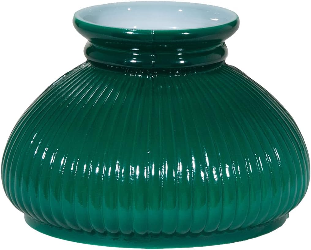 B&P Lamp® 7 Inch Student Shade with Ribbed Design and Dark Green over Opal White Cased Glass for Vintage and Antique Style Table Lamps and Sconces