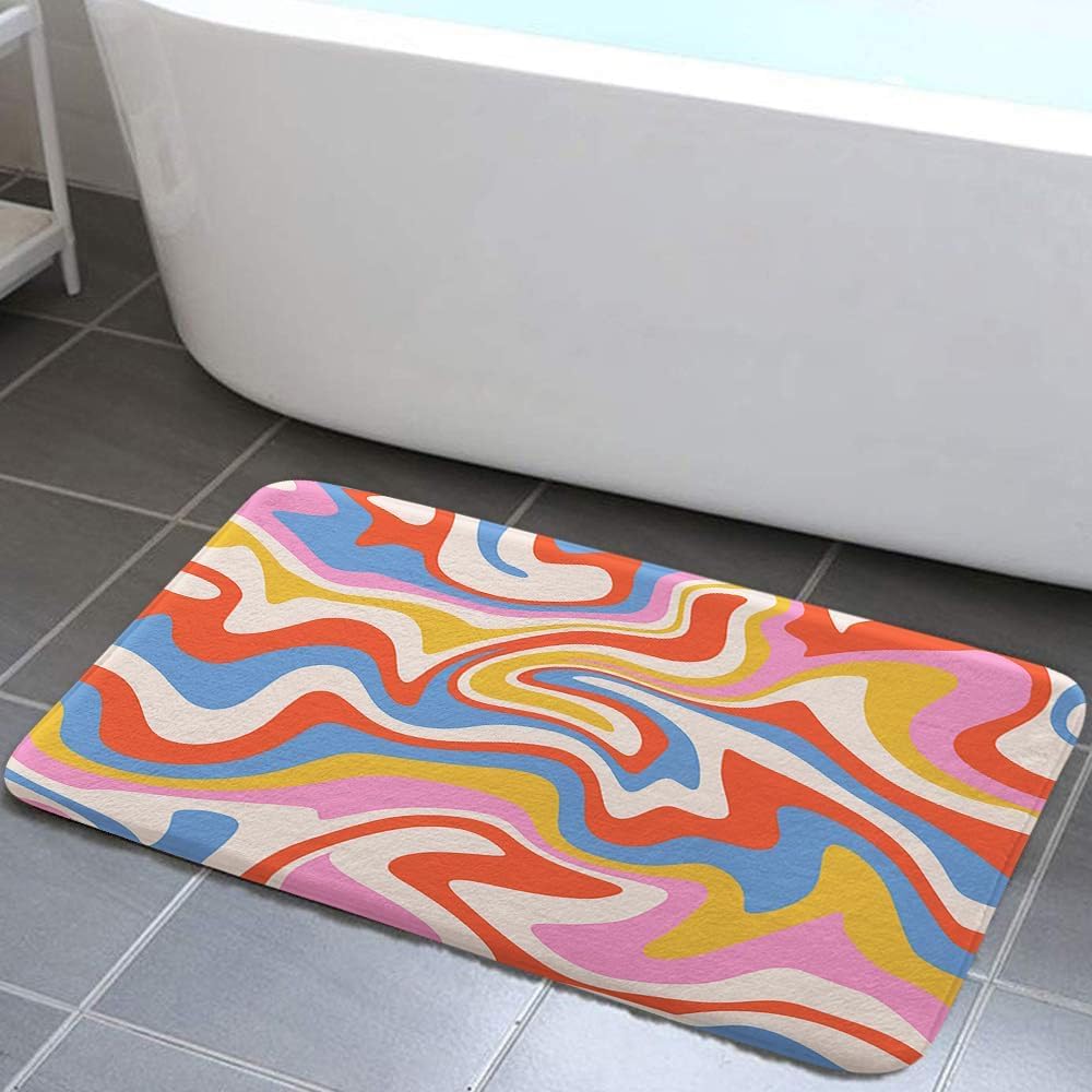 Mtsxfy Boho Bath Rugs, Cute Aesthetic 70S Abstract Wavy Swirl Bath Mats, Fun Pastel Pastel Rainbow Colorful Groovy Minimal Teen Girls Bathroom Rug