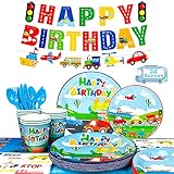 Transportation Birthday Party Supplies,190pcs Transportation Party Tableware Set-Transportation Birthday Decor Banner Tablecloth Plates Napkin etc Bus Car Train Themed Birthday Party Supplies for Kids