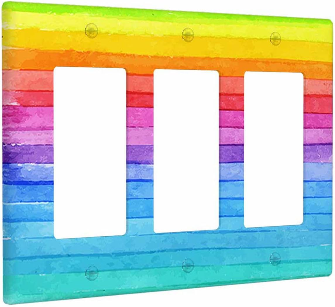Moslion Rainbow Stripes 3-Gang Rocker Light Plug Covers LGBT Colorful Striped Art Love Wall Switch Plate Triple Face-Plate Bathroom Bedroom Home Decoration image 2
