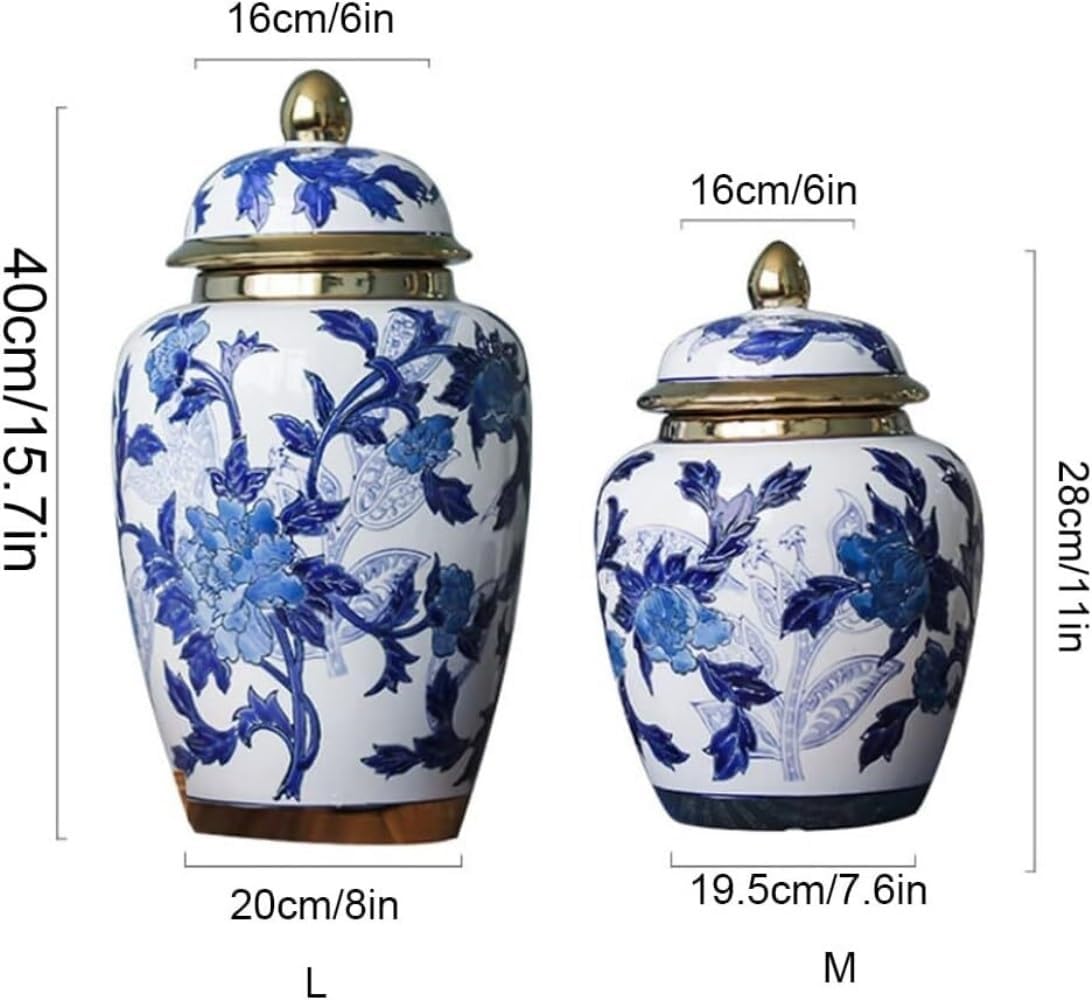 Food Storage Jar,Decorative Jar Ginger Jar Vase Decor Ceramic Ginger Jar Vases with Gold Trim Blue and White Porcelain Floral Vase Chinoiserie Temple Jar with Lid Ginger Ja,A-19.5 * 28Cm