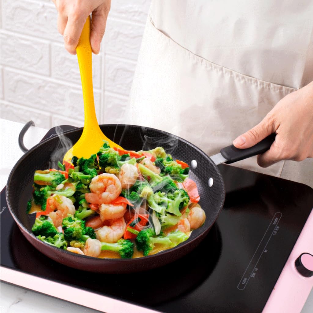 Utensilios de cocina, cuchara de arroz de silicona, pala de herramientas de cocina resistente al calor con cucharas para servir amarillas ranuradas
