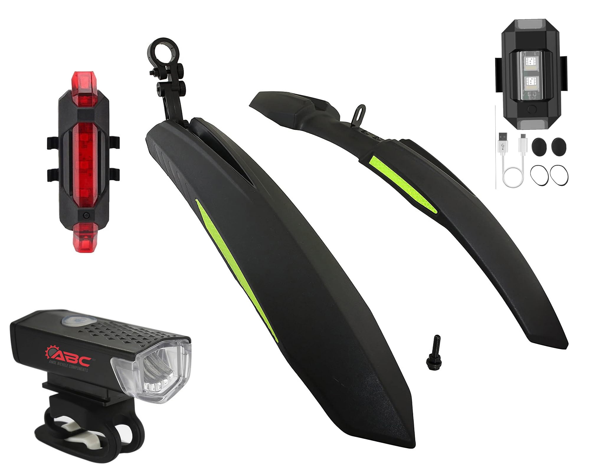 ABC Bicycle Front & Rear Mudguard with Reflective Tape and Iron Fitting + Cycle Waterproof Rechargeable Front Rear and Helmet Light (Green) (B0CNWM57M6) Amazon Price History, Amazon Price Tracker