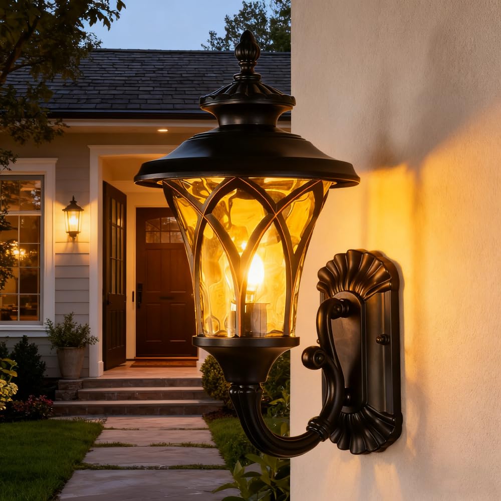 XINYASEE Vintage Outdoor Wall Lantern, Black Metal Exterior Wall Light with Decorative Glass, Waterproof Outdoor Sconce for Patio, Porch, Garden, Classic Decorative Exterior Lighting Fixture(BD-40)