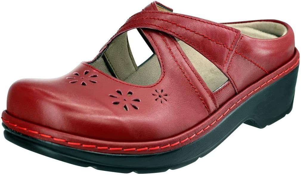 Women's Mary Jane Clogs and Mules Leather Shoes with Arch Support 6 Burgundy