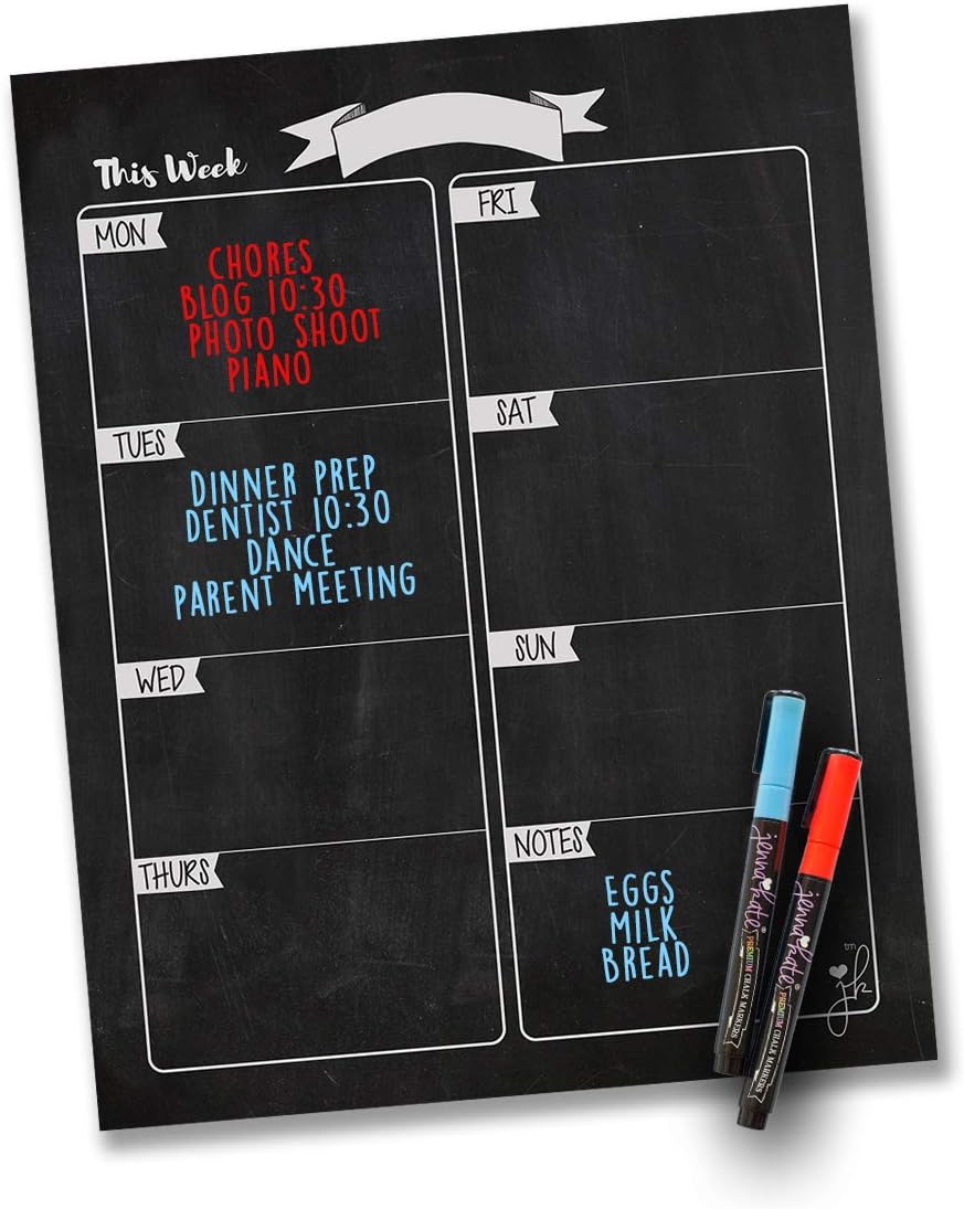Magnetic Weekly Chart Chalkboard Design Calendar - Task Manager to Do List - Weekly Dry Erase Board Planner- Two Liquid Chalk Dry Erase Markers- 11"x 14"