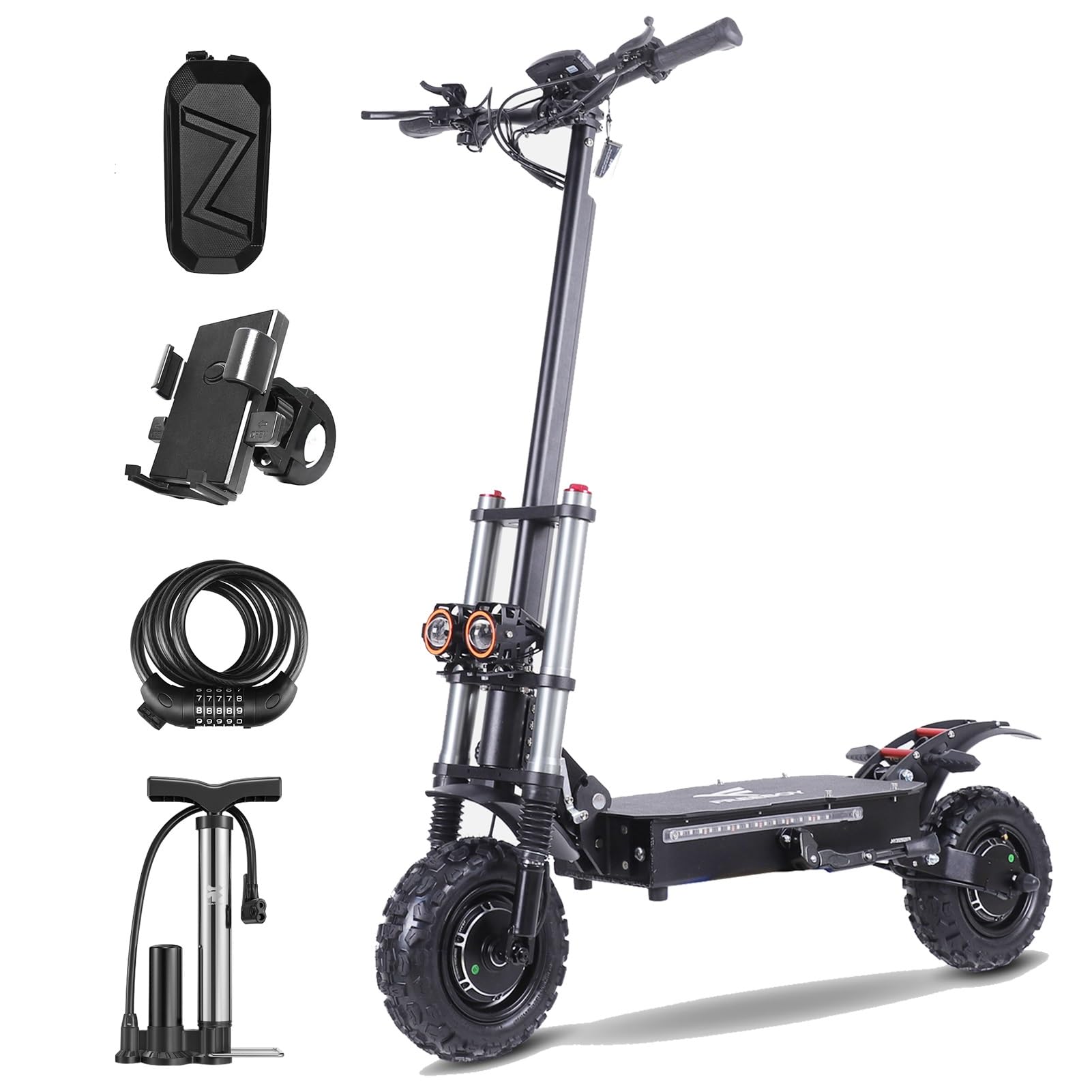 Adult Electric Scooter High-Power Dual-Drive 6000W Motors Maximum Speed 50 mph Range 60 Miles 11-inch tubeless Off-Highway Tires