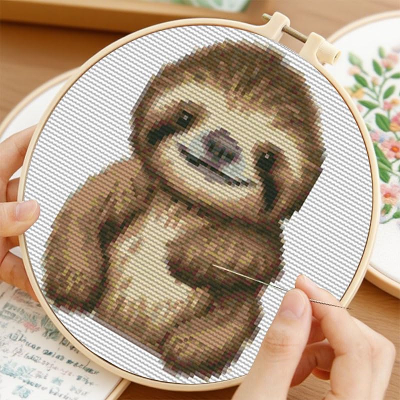 Image of Cartoon Simple Figure Sloth 11CT Stamped Cross Stitch Kits with Hoop Easy for Beginners Child Needlepoint Counted Embroidery Kits Art Craft Wall Decor 12x12IN(3)