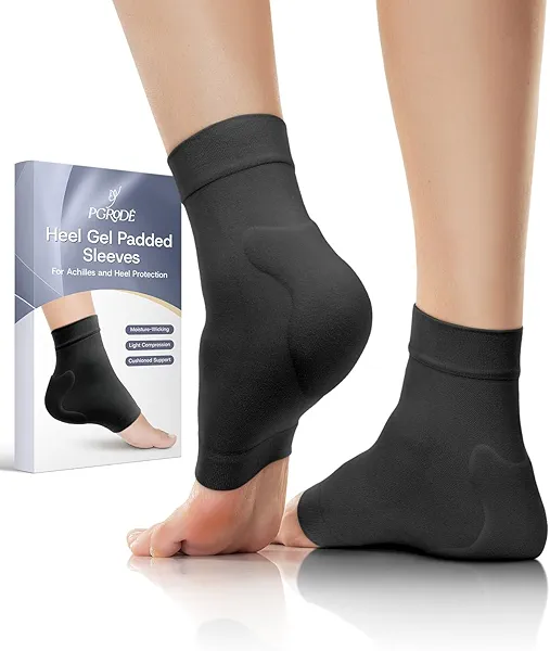 PGRODE Achilles Tendon Sleeve with Silicone Heel Protector Cushion Pad, Achilles Tendonitis Support Compression Socks for Women Plantar Fasciitis, Bursitis, Heel Pain Relife, 1 Pair (Black)