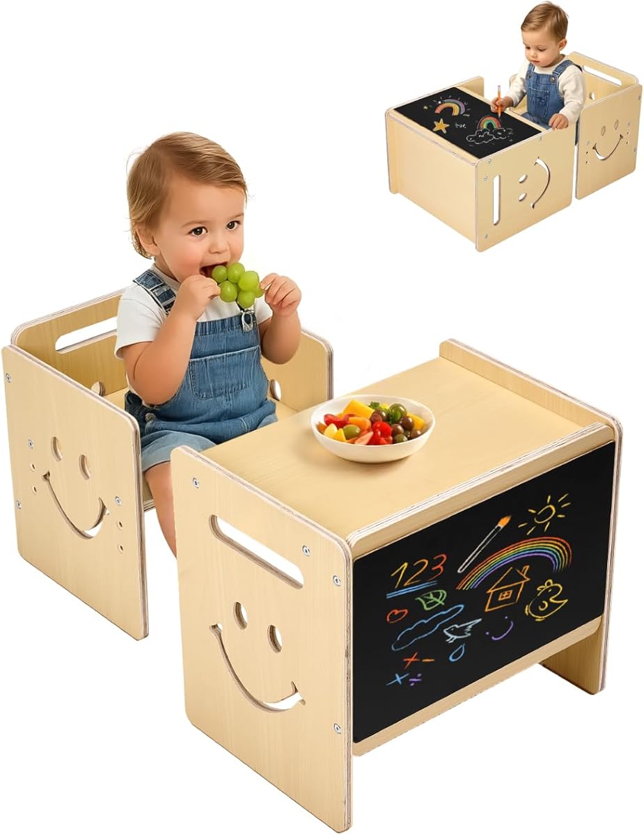 VEVOR Montessori Weaning Table and Chair Set, 3 in 1 Wooden Toddler Table and Chairs with Chalkboard, Adjustable Height Montessori Table for Ages 1-5, Ideal for Drawing, Reading, Eating - Natural