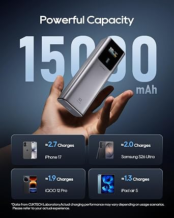 CUKTECH 90W Power Bank 15,000mAh, Airline Approved Portable Charger with Smart TFT Display, 3-Port Fast Charging Battery Pack for MacBook Pro/Air, iPhone 17/16/15, Galaxy S26/25/S24, Pixel 10/9/8