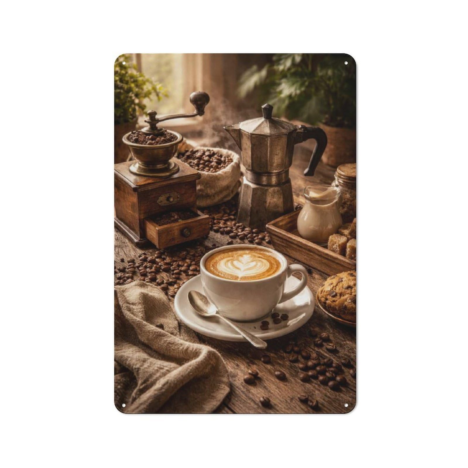 Junmoney Style-3 Coffee Grinder, Moka Pot, And Latte Art Printed Metal Sign 30X20cm For Studio Or Craft Room, A Decorative Gift For A Newly Furnished Studio And Craft Room