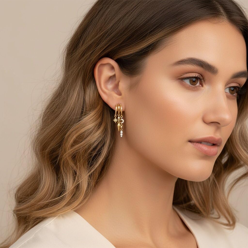 Gold Dangle Earrings for Women Fashion Cubic Zirconia Moon Star Cross Dangle Drop Earrings Dainty 14k Gold Plated Triple Huggie Tassel Stud Earring Festival Party Prom Statement Jewelry for Women - Image 2