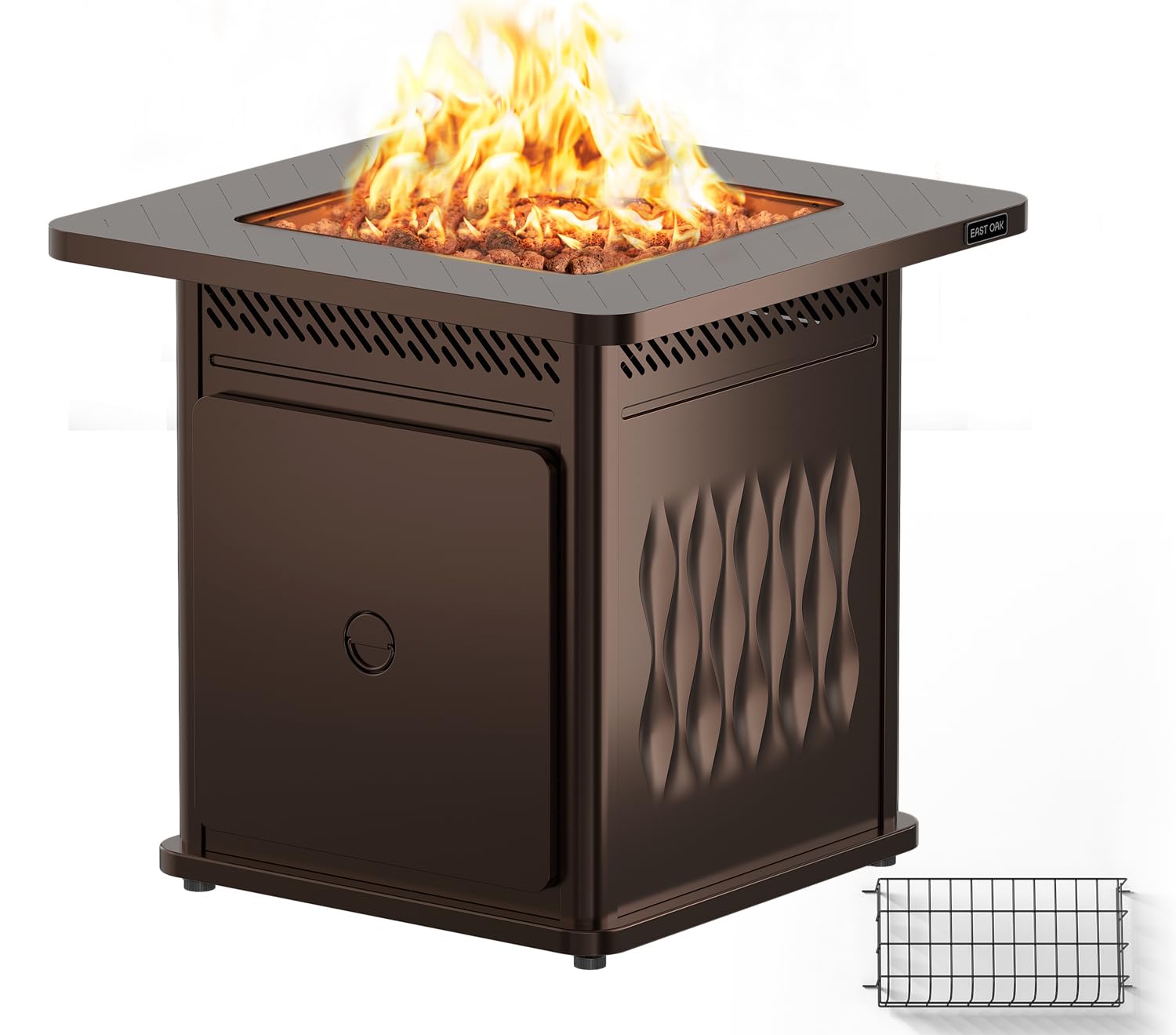 EAST OAK 28'' Propane Fire Pit Table, 50,000 BTU Steel Gas FirePit for Outdoor, Outside Patio Deck and Garden, CSA Certified Fire Table with Magnetic Lid, Cover-Storage Basket and Lava Rock , Brown