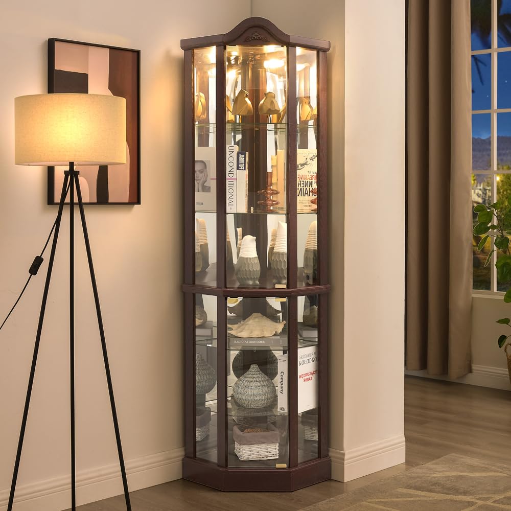 KEIKI 72" Corner Glass Display Cabinet with Adjustable Shelves, for Collectibles, Storage Curio Cabinet with Arched Floral Carving Decoration, 6-Tier