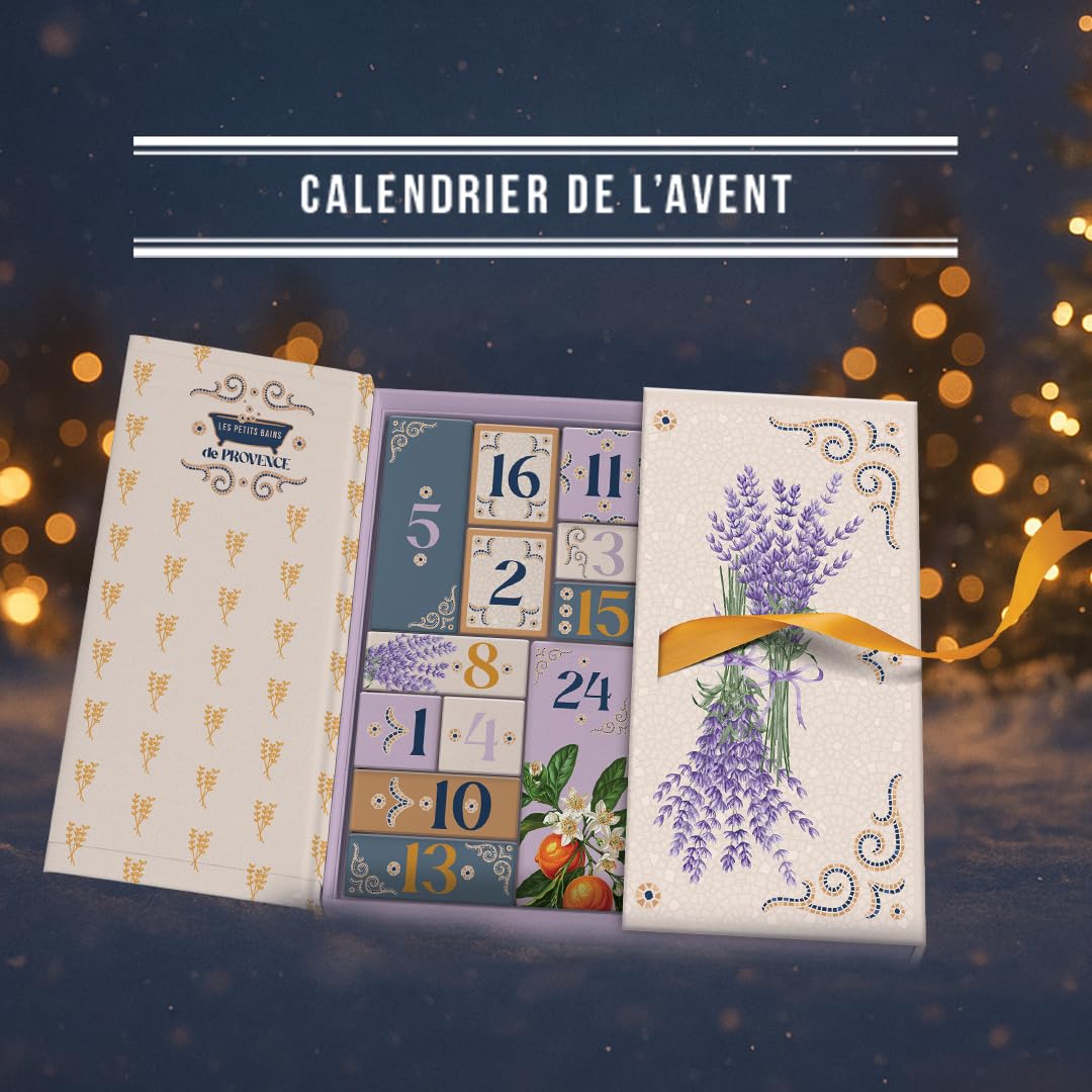 Calendario de Adviento Les Petits Bains de Provence - 24 Cuidados de Bienestar y Perfumes - Geles de Ducha, Jabones, Velas, Accesorios - Fabricado en Francia