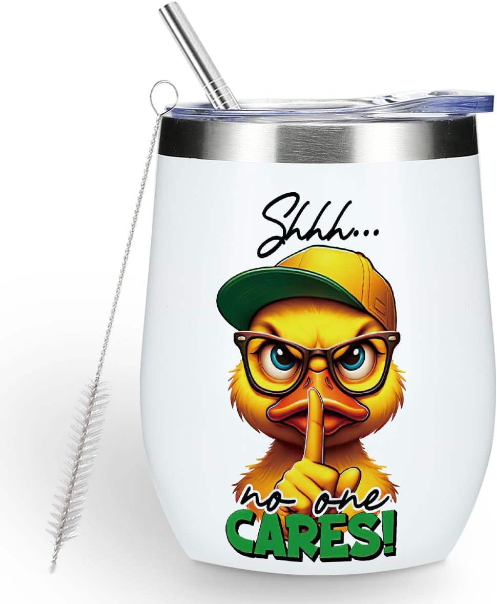 Funny Quotes Wine Tumbler, Sarcastic Duck Gifts Duck Decor Stuff Double Wall Vacuum Insulated Coffee Mug Wine Glass 12 oz Tumbler with Lid for Women Men Boss Coach Birthday Friendship Christmas