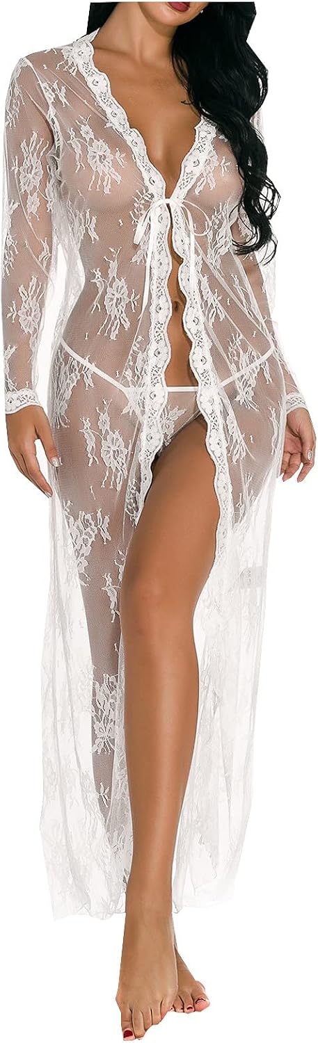 Lingerie for Women Sexy Long Cardigan Gown Lace Mesh Skirt Teddy Bodysuit Dress Nightgown See-Through Robe