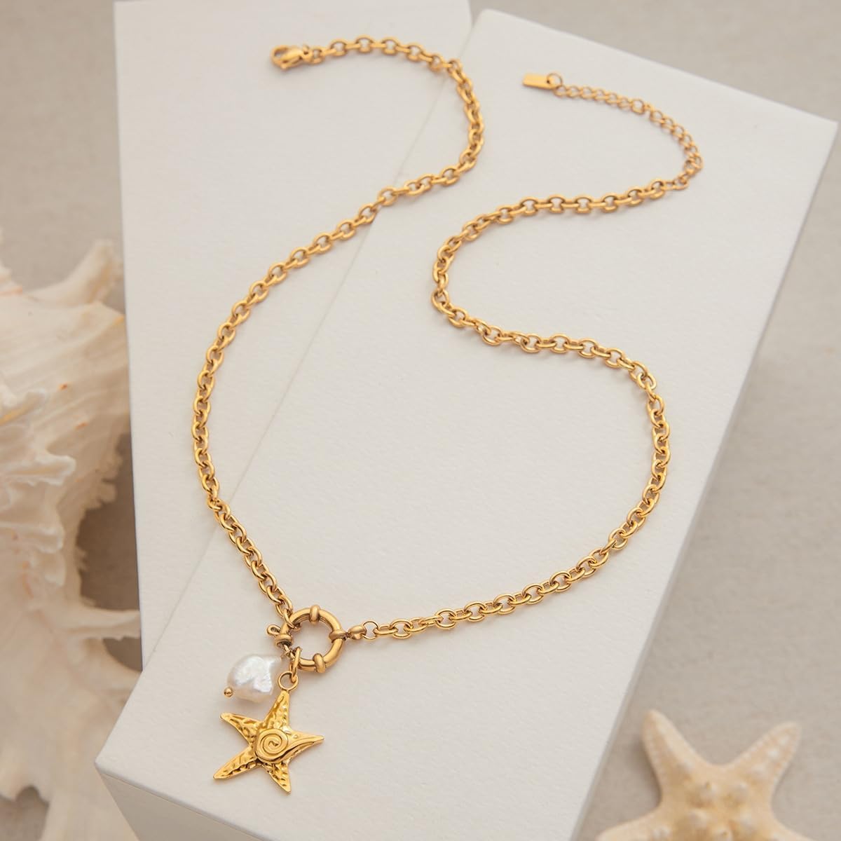 Seamido Dainty Gold Necklace for Women Non Tarnish, 18k Gold Plated Waterproof Necklace Charm Summer Beach Pendant Choker with Butterfly Pearl Sea Star, Trendy Elegant Jewelry for Her - Image 7