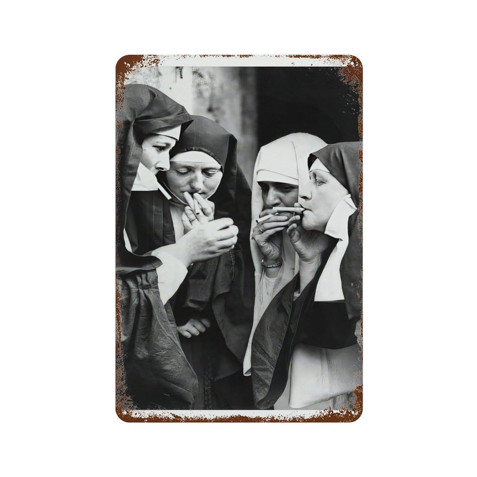 xiaoxiaoshen Nuns Smoking Funny Vintage Old Black & White Photography Wall Decor Art Metal Tin Poster Modern Home Decor Art Home Bar Shop Decorations Vintage Sign 30x20cm