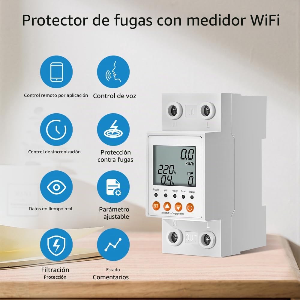 eMylo Medidor Inteligente de Energía Wi‑Fi Monofásico 63 A 80‑400 V, Monitor de Consumo en Tiempo Real con App Smart Life/Tuya, Protección y Control Remoto, Compatible con Alexa & Google