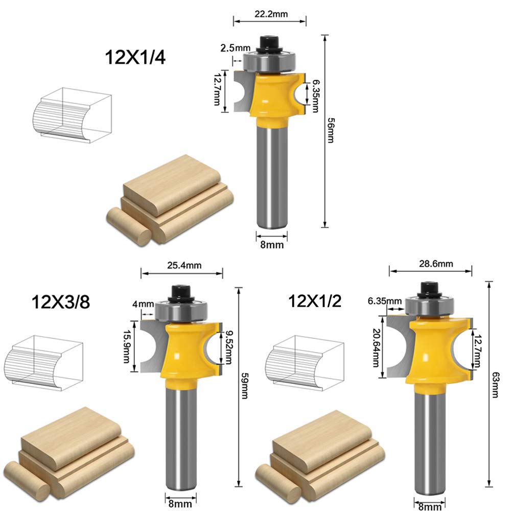 5pcs 8mm Tige Demi-Ronde Bullnose Routeur Bit Fraise à Bois Coupe Rayon 3/8", 5/16", 1/4", 3/16", 1/8,Outile Pour Menuiserie
