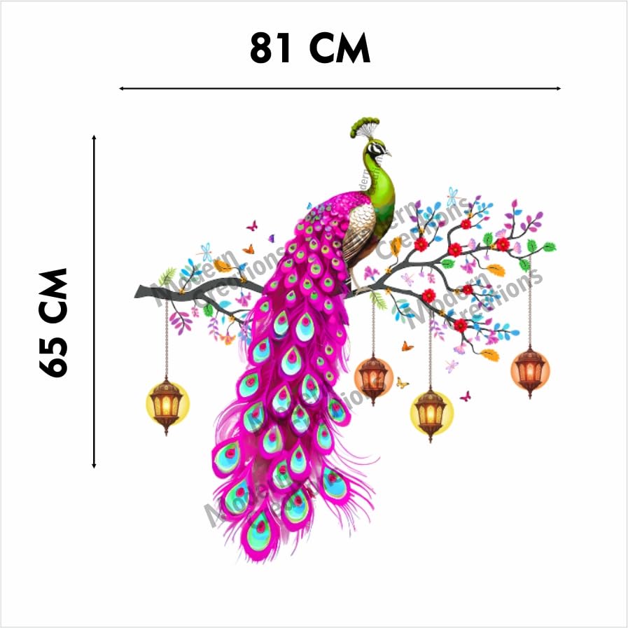 Image of Peacock Wall Sticker Vinyl, Colourful Wall Art Decal with Hanging Lanterns, Decorative Sticker for Living Room, Multi-Colour