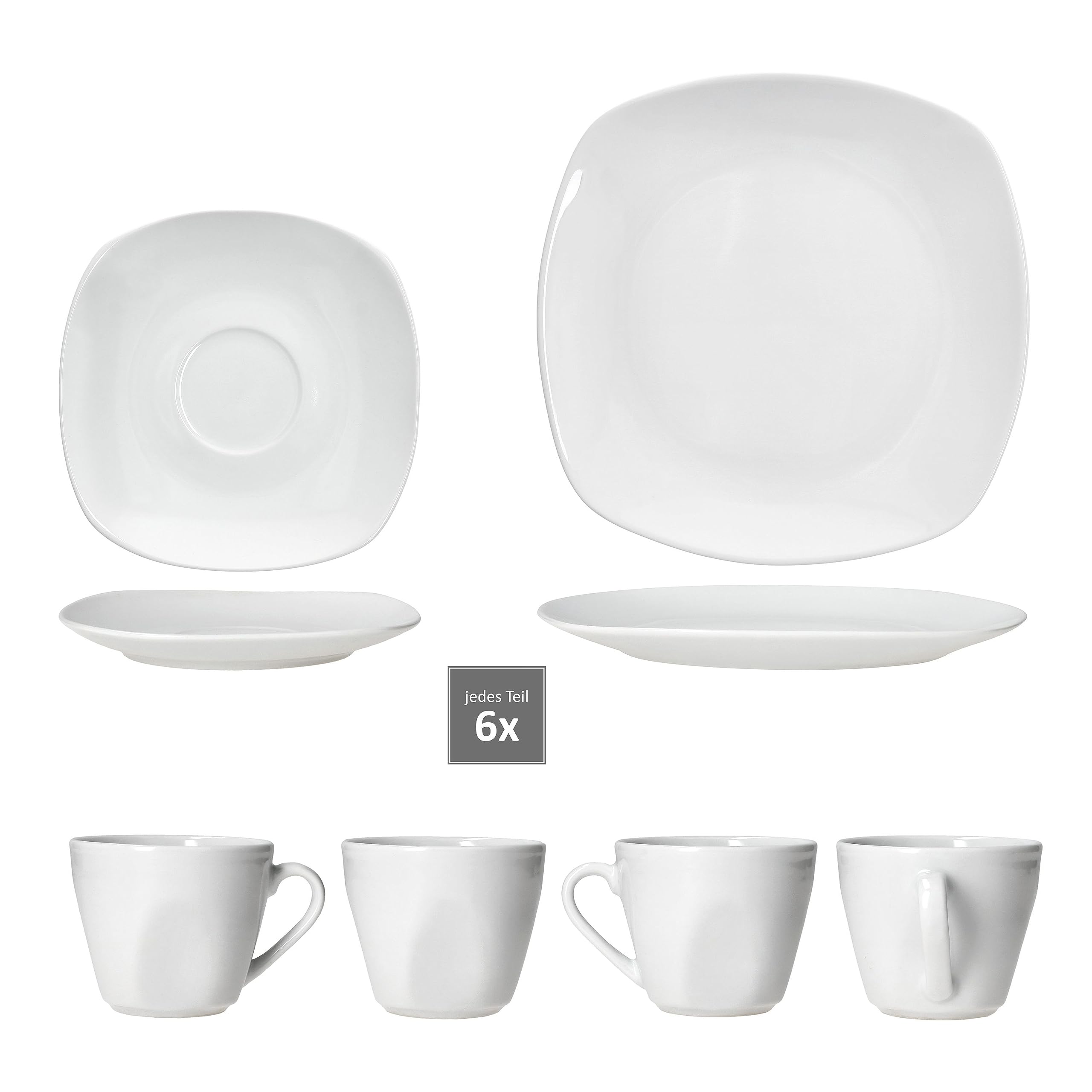 MamboCat Lotta 18tlg Kaffeeservice I weiße Porzellan-Kaffeeset für 6 Personen I Je 6x Kaffeetassen 170ml, Untertassen & Kuchenteller I schickes Geschirr für Frühstück & Kaffee I für Gastro, Hotel & Co