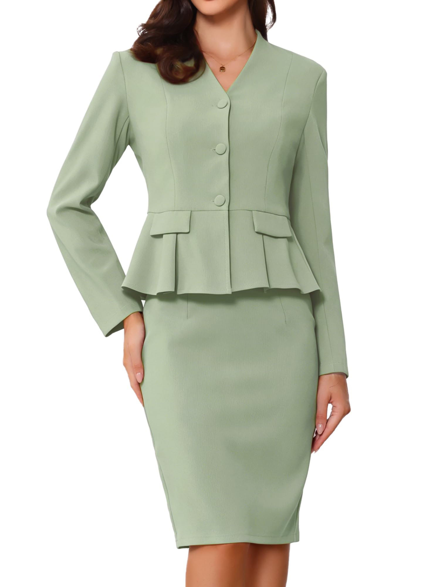 Allegra K Costume d'affaires 2 pièces pour femme - Costume de fête des mères à manches longues sans col - Blazer péplum - Jupes crayon