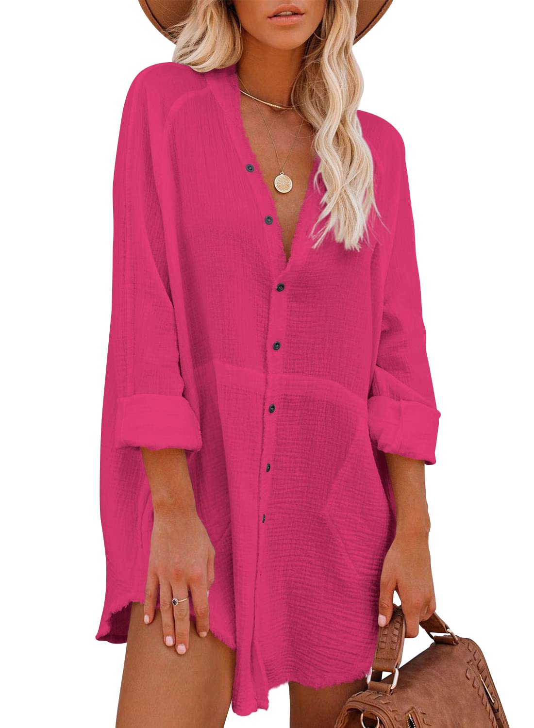 Photo 1 of **USED** ReachMe Womens Beach Cover Ups Deep V Neck Button Down Shirts Long Sleeve Tunic Dress with Pockets Hot Pink X-Large