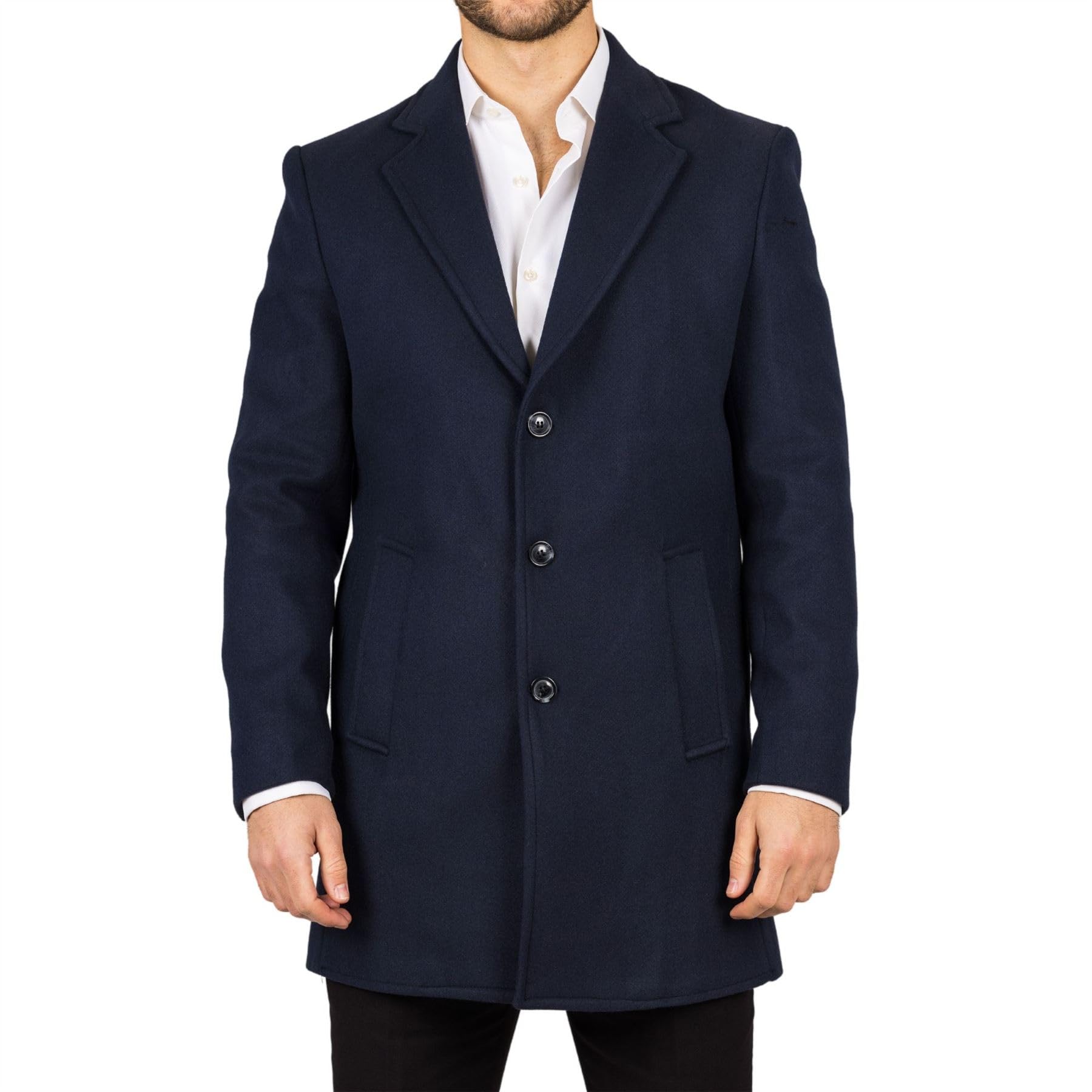 Truclothing Men's Notched Lapel Collar Wool Blend Overcoat - Navy - 4XL