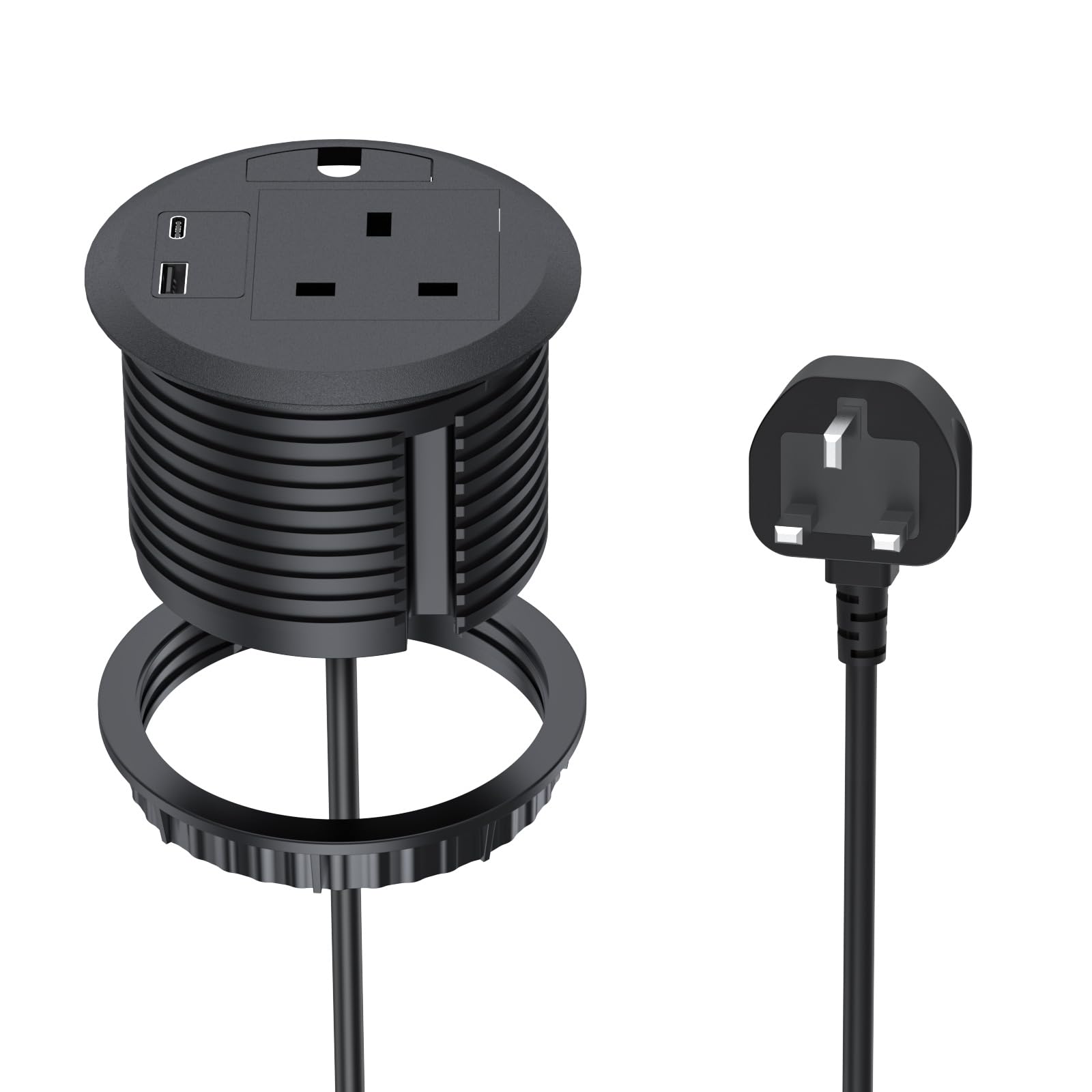 Recessed Power Socket with 1 UK Plug,Desk Power Grommet 80mm, Recessed Extension Lead with 1 USB-C Ports+1 USB-A Ports, 2m/6.6 FT Cable for Office Home Furniture, Black