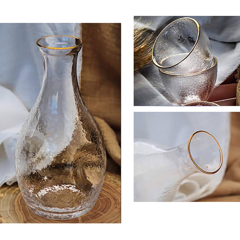 QWEASDF Set Sake, Artigianato Tradizionale in Vetro, Confezione Regalo da 5 Pezzi (Inclusa 1 Bottiglia, 4 Tazze), Motivo A Martello/Impronta Digitale Yin, Tazza con Cornice Dorata,2
