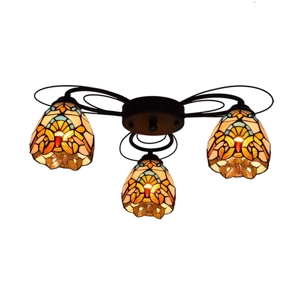 Lustre Tiffany baroque grand plafonnier suspendu 3 têtes en vitrail artisanal de luxe