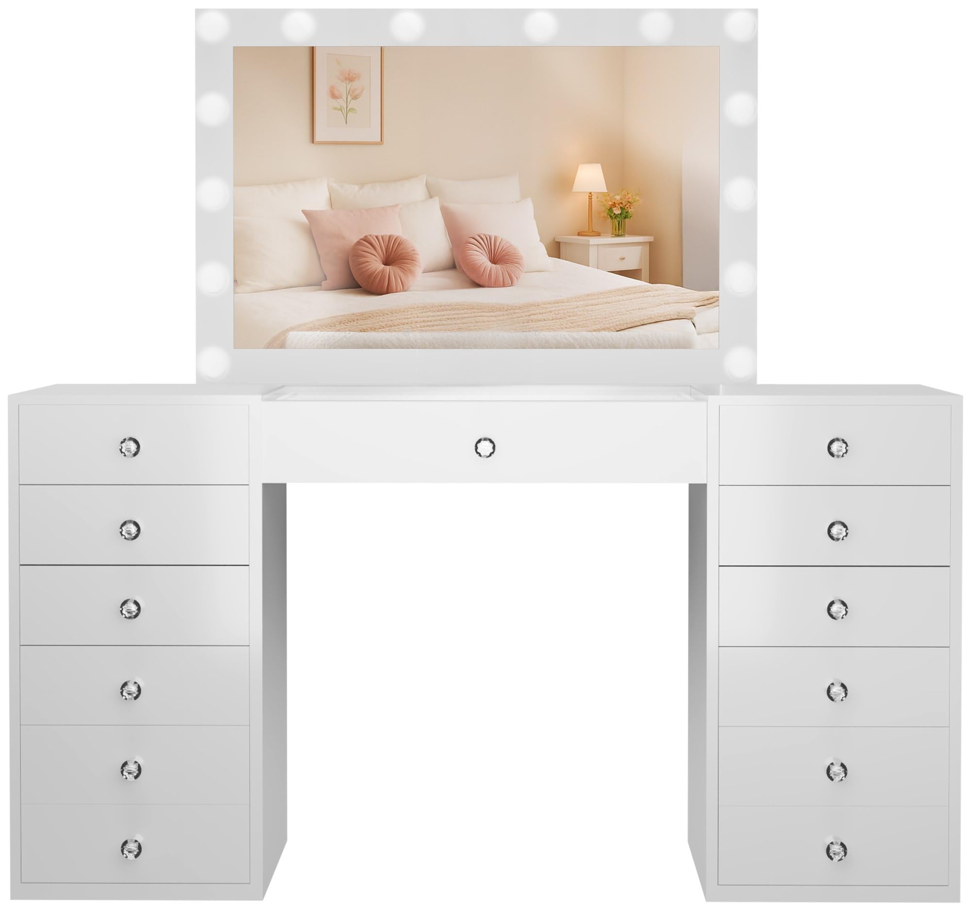 CLP Coiffeuse avec éclairage et Miroir 100x75 cm Attalla, Miroir Hollywood LED 3 Couleurs de lumière, avec tiroirs, Connexion USB-A et USB-C, Couleur:Blanc